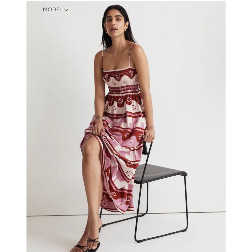 Madewell Theo Sleeveless Shirred Midi Dress in Geodaisy Batik Pink Red - M - Picture 2 of 11